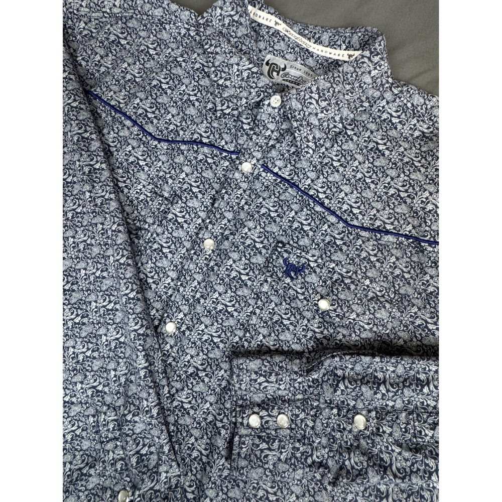 Cowboy Hardware Mens XL Western Pearl Snap Shirt Floral Filigree Navy White